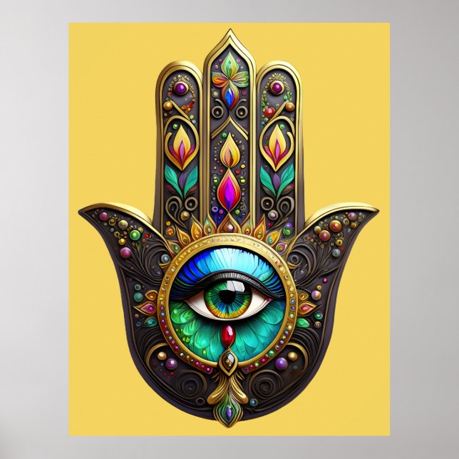 Färgrik Brun Guld Hamsa Regnbåge Tredje Ögat Poster (Framsidan)