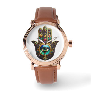 Färgrik Brun Guld Hamsa Regnbågsfärg Tredje Ögat Armbandsur