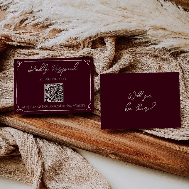 Färgrik Burgundy QR-kod Handskriven Bröllop OSA Kort (Skapare uppladdad)