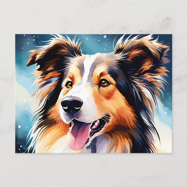 Färgrik Collie Hund Vattenfärg Vykort (Framsida)