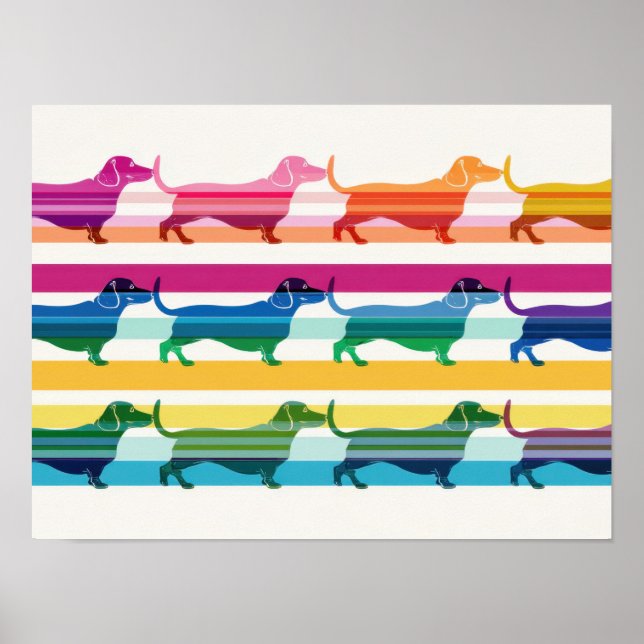 Färgrik Dachshund Mönster Retro Ränder Poster (Framsidan)
