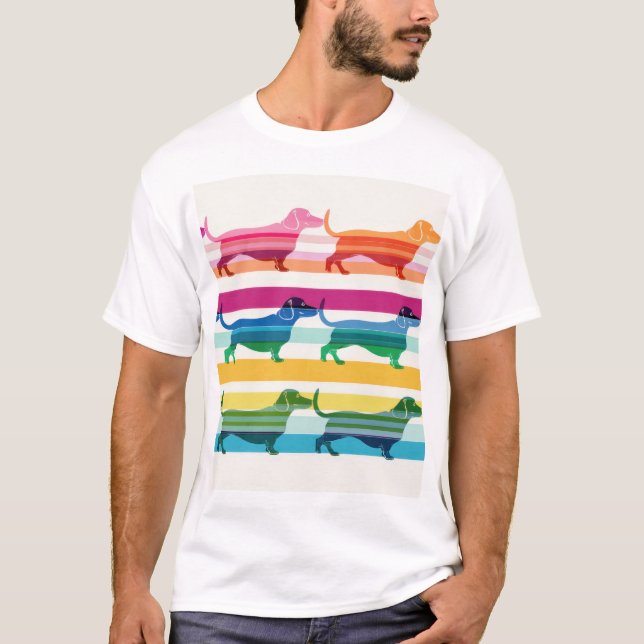 Färgrik Dachshund Mönster Retro Ränder T Shirt (Framsida)
