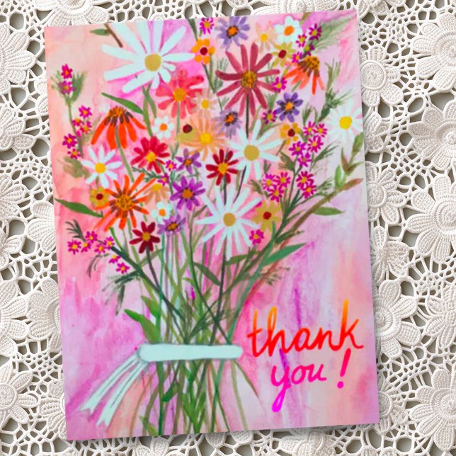 Färgrik dajbukett tack vykort (Pretty watercolor wildflower daisy bouquet custom thank you card)
