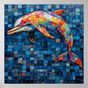 Färgrik Delfin Moasik Havsvåg Konst 🐬🎨🌊✨🌈 Poster
