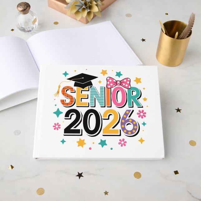 Färgrik design för seniorårets firande gästböcker (Framsida Öppen)