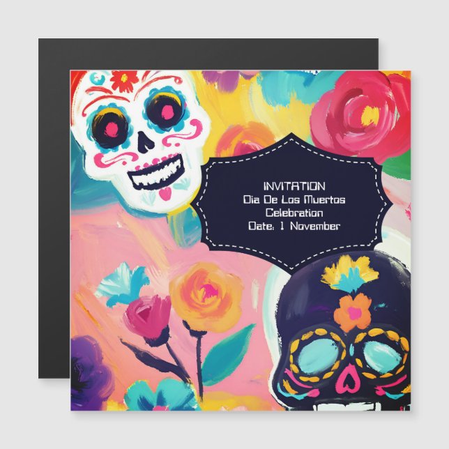 Färgrik Dia De Los Muertos sockerskalle Magnetisk Inbjudningskort (Fram/baksida)
