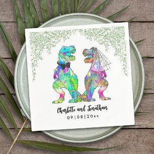 Färgrik dinosauriebröllop T-Rex brud och brudgumme Pappersservett