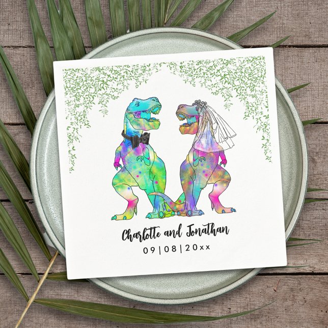 Färgrik dinosauriebröllop T-Rex brud och brudgumme Pappersservett (Colorful dinosaur themed wedding funny T-Rex bride and groom Jurassic jungle foliage custom napkin)
