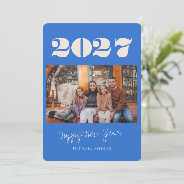 Färgrik Djärv Fransk Blå Två Foto 2026 Nyår Julkort (Stående Fram)