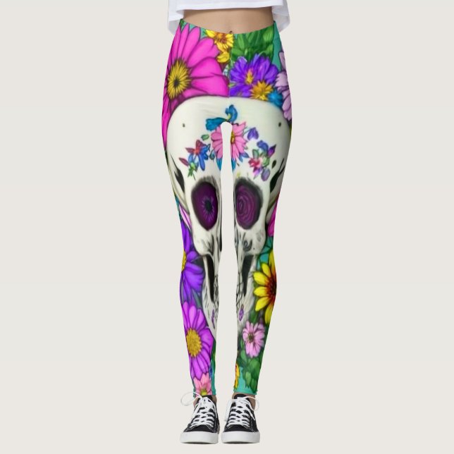 färgrik dödskalle med blommor  leggings (Framsida)