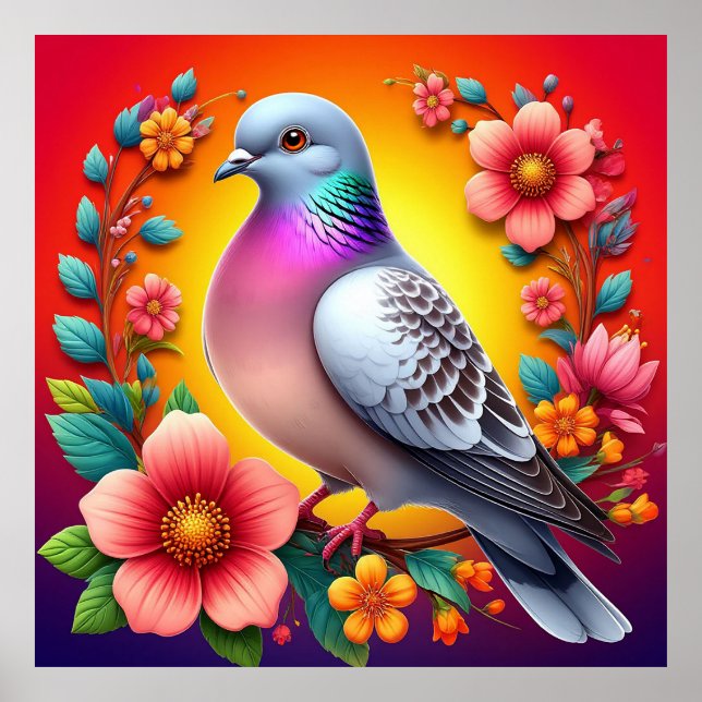 Färgrik duva omgiven av livfulla blommor poster (Framsidan)