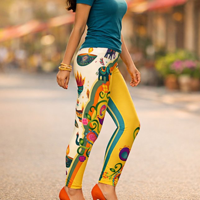 Färgrik Elefant Indisk Mönster Boho Leggings (Leggings featuring an India inspired colorful design with paisley pattern and elephants)