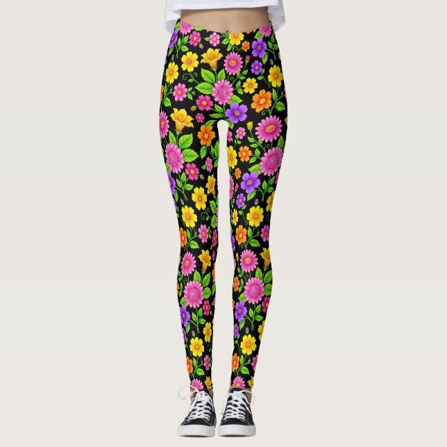 Färgrik Exotisk Blommig Mönster-35681 Leggings (Framsida)