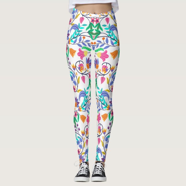 Färgrik Exotisk Blommig Mönster Leggings (Framsida)
