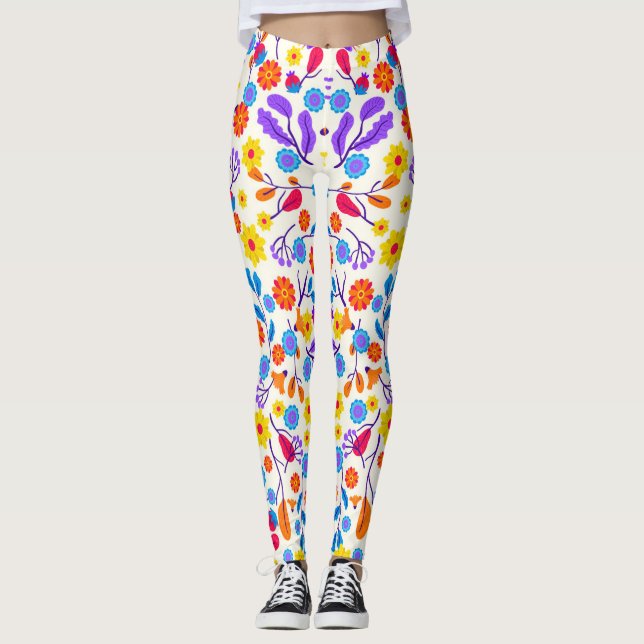 Färgrik exotisk blommönster-23146 leggings (Framsida)