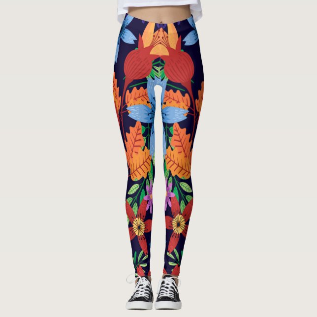 Färgrik exotisk blommönster-32436 leggings (Framsida)