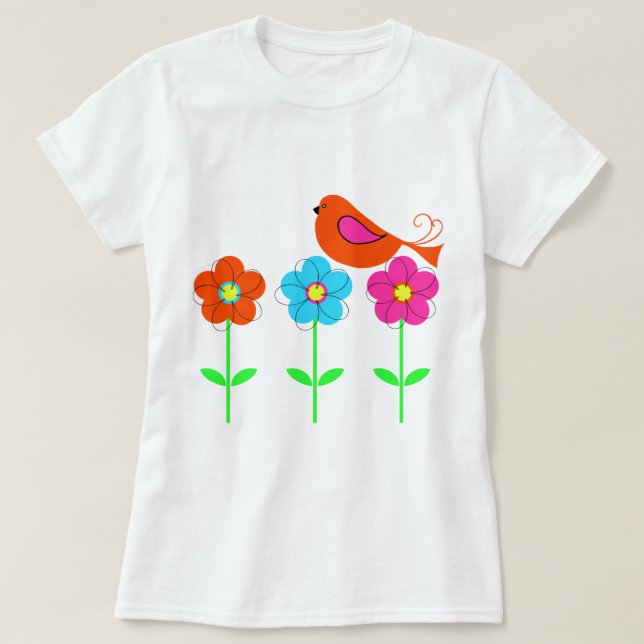 färgrik fågel med färgrika blommor tee (Design framsida)