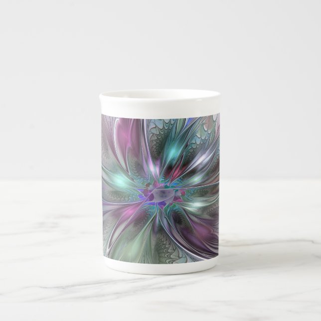Färgrik Fantasi Abstrakt Modern Fraktal Blomma Benporslin Mugg (Framsidan)