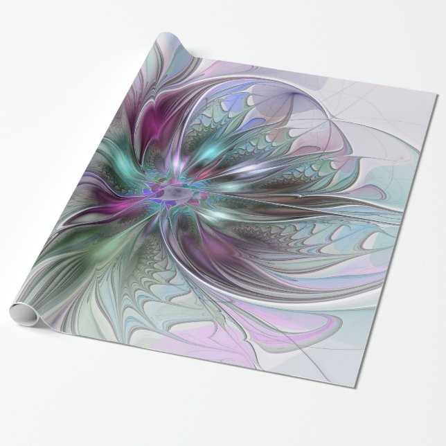 Färgrik Fantasi Abstrakt Modern Fraktal Blomma Presentpapper (Utrullad)
