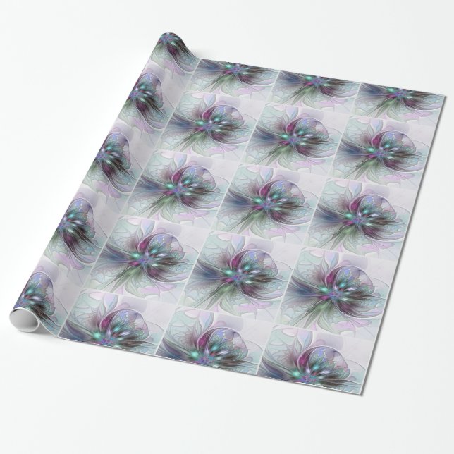 Färgrik Fantasi Abstrakt Modern Fraktal Blomma Presentpapper (Utrullad)