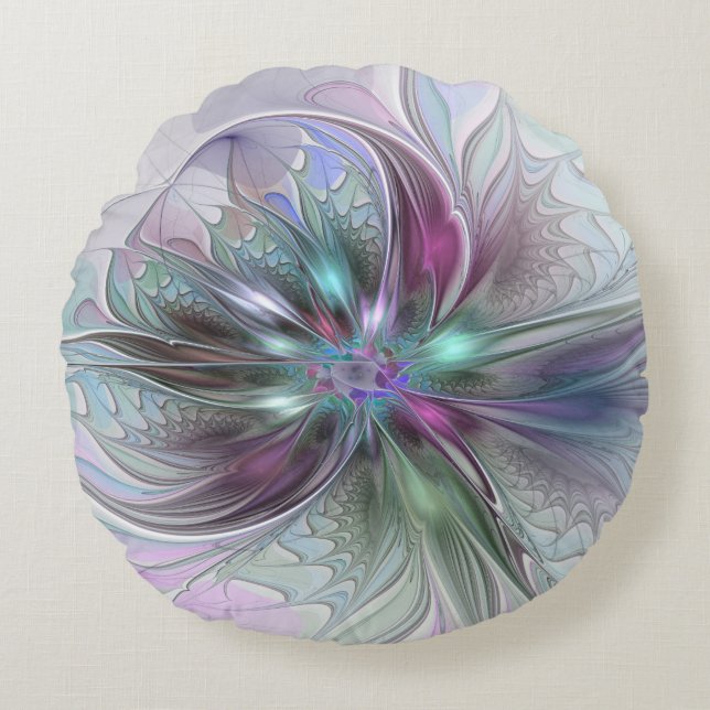 Färgrik Fantasi Abstrakt Modern Fraktal Blomma Rund Kudde (Framsidan)