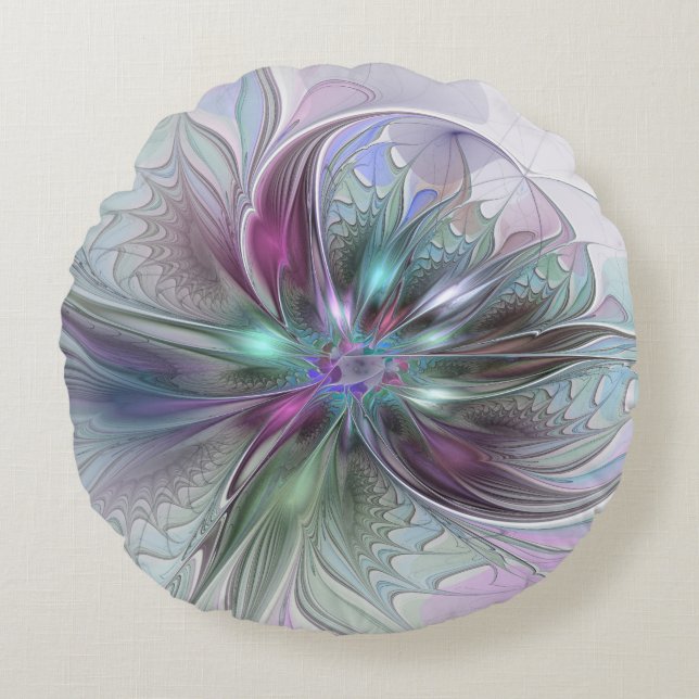 Färgrik Fantasi Abstrakt Modern Fraktal Blomma Rund Kudde (Framsidan)