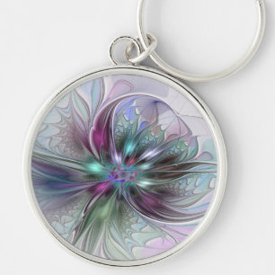 Färgrik Fantasi Abstrakt Modern Fraktal Blomma Rund Silverfärgad Nyckelring