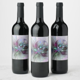 Färgrik Fantasi Abstrakt Modern Fraktal Blomma Vinflaska Etikett