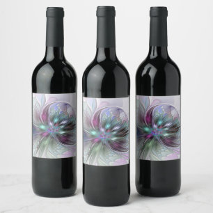 Färgrik Fantasi Abstrakt Modern Fraktal Blomma Vinflaska Etikett