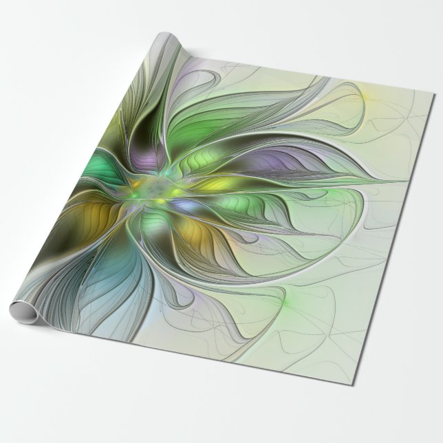 Färgrik Fantasi Blomma Modern Abstrakt Fraktal Presentpapper (Utrullad)