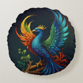 Färgrik Fjädrad Fågel Fenix Mönster Rund Kudde