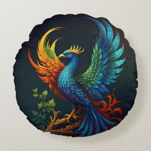 Färgrik Fjädrad Fågel Fenix Mönster Rund Kudde