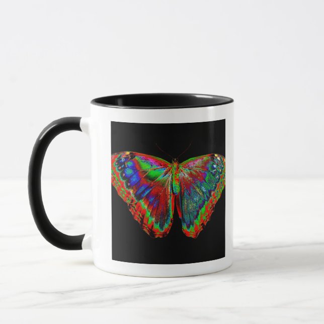 Färgrik fjärilsdesign mot svart bakgrund 3 mugg (Vänster)