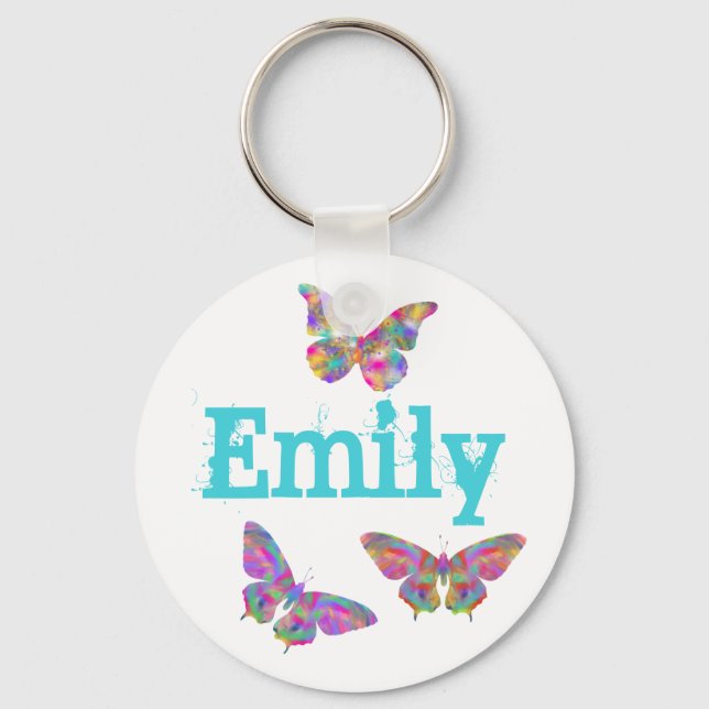 Färgrik fjärilskonst mönster Emily Lägg till namn Nyckelring (Framsida)