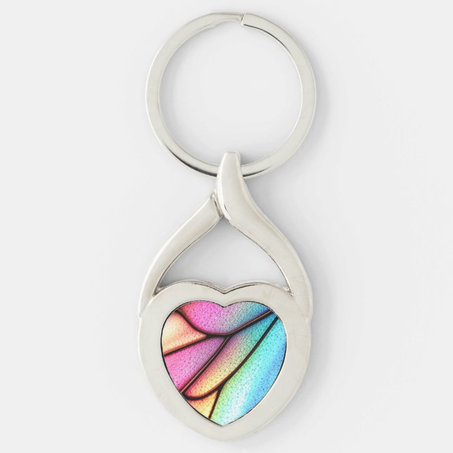 Färgrik fjärilsvinge närbild twisted heart silverfärgad nyckelring (Framsidan)