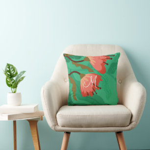 Färgrik Flora Och Lövverk Rött på Grönt Kudde