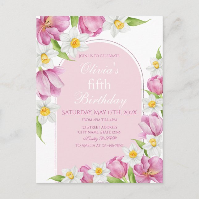 Färgrik födelsedagsfest för barn med blommor vykort (Framsida)