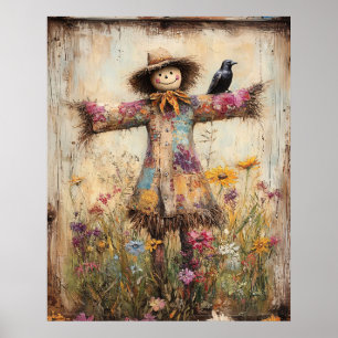 Färgrik folkkonst fågelskrämma med vilda blommor poster