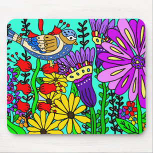 Färgrik folkkonst stil fågel och blommor musmatta