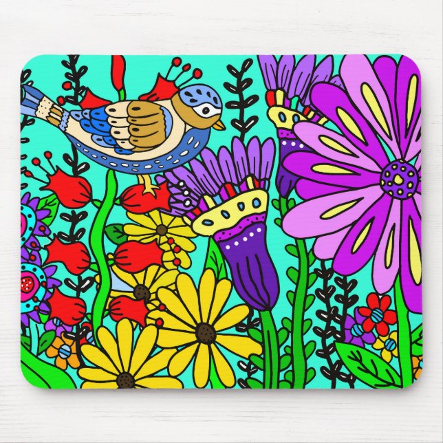 Färgrik folkkonst stil fågel och blommor musmatta (Framsidan)