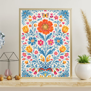 Färgrik Folklig Blommig Mönster med Fjäril Poster