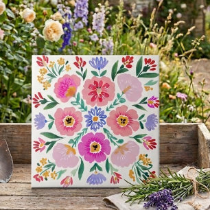 Färgrik Folklig Konst Blommig Dekorativ Keramisk P Kakelplatta