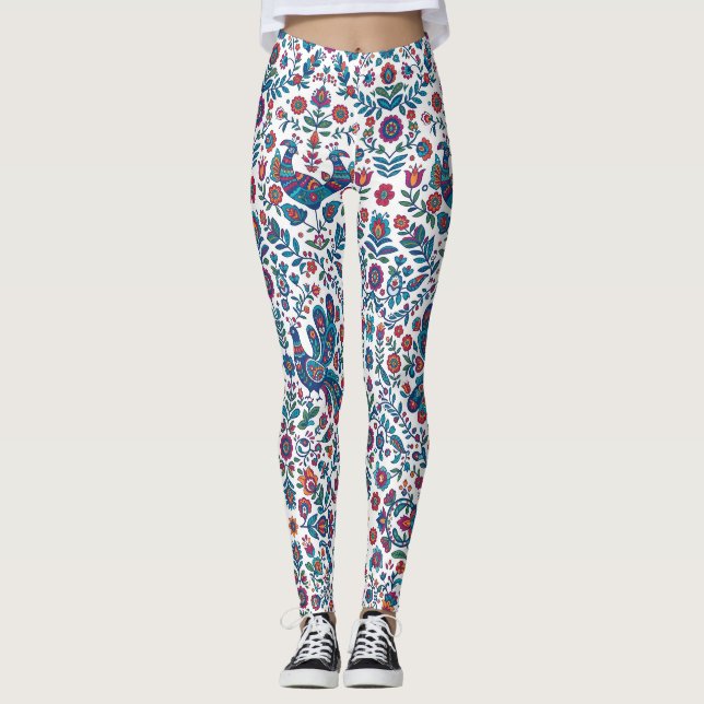 Färgrik Folklig Konst Blommig Fågelmönster Leggings (Framsida)