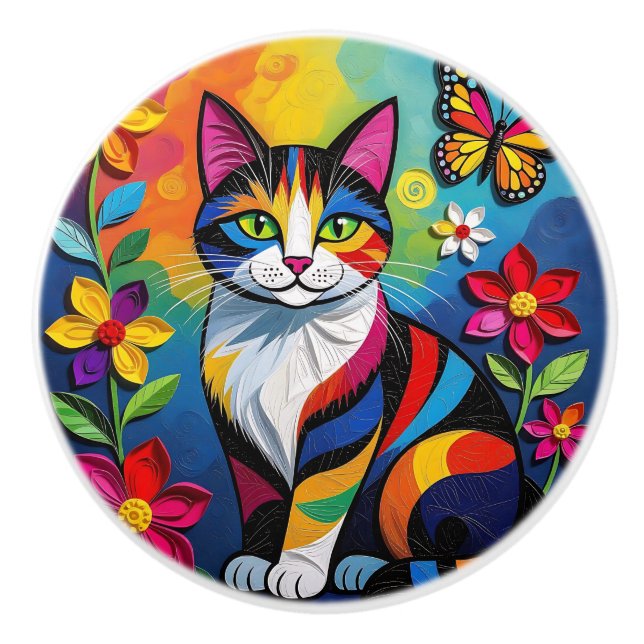 Färgrik Folklig Konst Katt   Knopp (Framsidan)