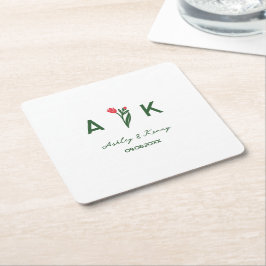 Färgrik Folklig Konst Vildblomma Monogram Bröllop Underlägg Papper Kvadrat