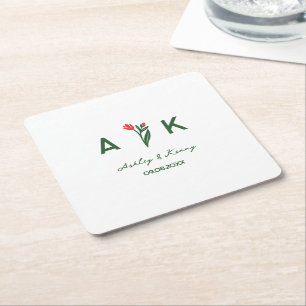 Färgrik Folklig Konst Vildblomma Monogram Bröllop Underlägg Papper Kvadrat