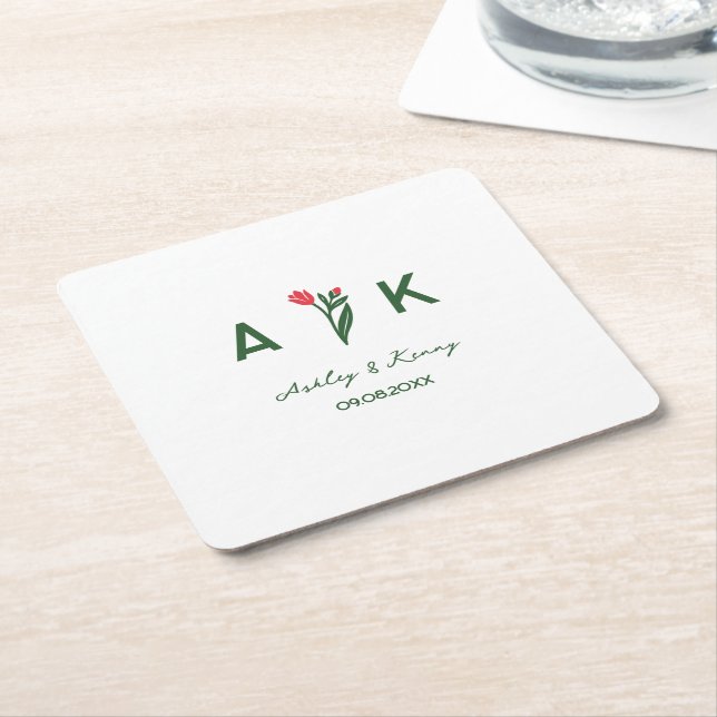 Färgrik Folklig Konst Vildblomma Monogram Bröllop Underlägg Papper Kvadrat (Vinklad)