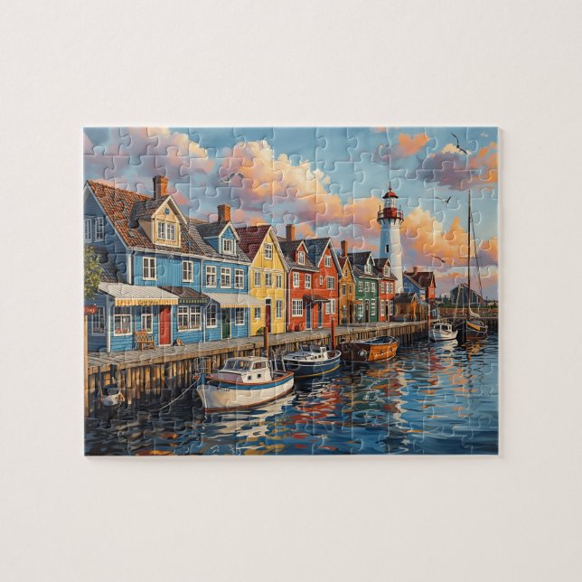 Färgrik fyrstad i hamn pussel (Horisontell)