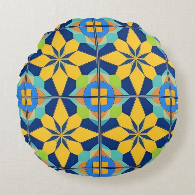 Färgrik geometrisk abstrakt design rund kudde (Framsidan)