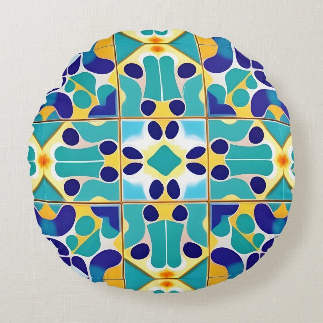 Färgrik geometrisk abstrakt design rund kudde (Framsidan)